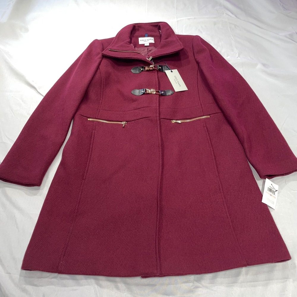 Cole Haan Signature Wool Blend Toggle Coat Burgundy Red 35JO0051 Womens 10 NWT